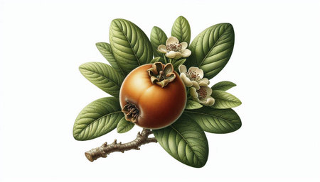 Ripe persimmon fruit with leaves and flowers isolated on white background