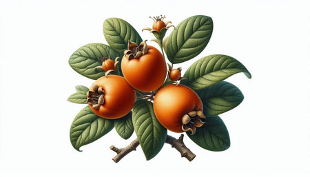 Persimmon fruit with leaves isolated on white background. 3d illustration
