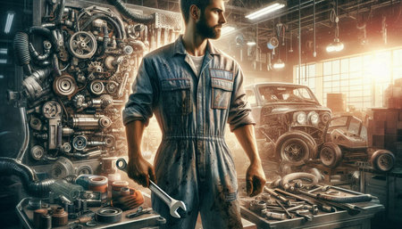 Mechanic in overalls holding wrench in his hand. Mixed media