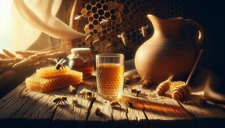 Honeycombs, jug and glass of honey on wooden tableの写真素材