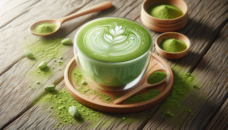 Green tea latte with matcha latte art on wooden background