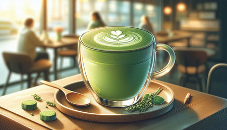 cup of green tea latte or matcha latte in cafe