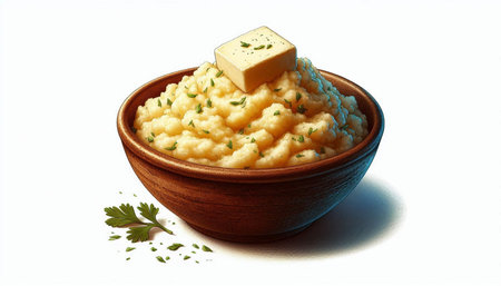 Mashed potatoes with butter and parsley in a bowl on a white backgroundの写真素材