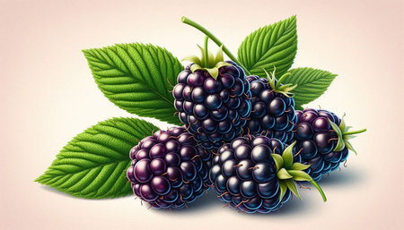 Blackberries with leaves on a light background. 3d illustration.