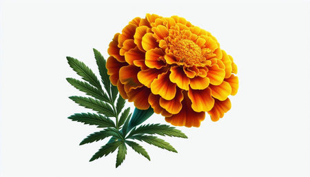 Orange marigold flower with green leaves isolated on white background.の写真素材