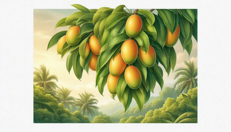 illustration of mango tree with ripe mango fruits on sky background.