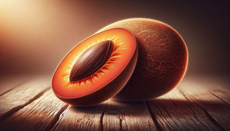 Apricot fruit on a wooden table. Fruit background. Healthy food.の写真素材