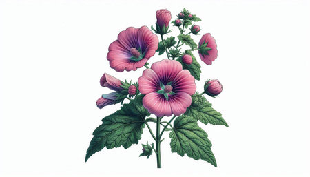 Pink mallow flowers isolated on a white background. Watercolor illustration.