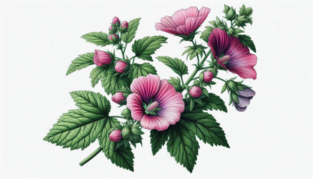 Vintage illustration of mallow flowers with buds and green leaves.