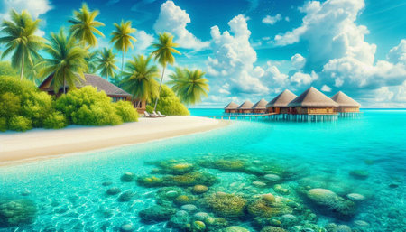 tropical beach in Maldives with few palm trees and blue lagoon