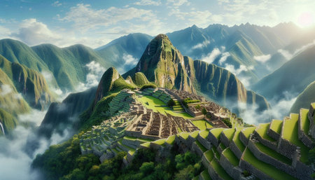 Machu Picchu Inca ruins in Peru. 3D renderingの写真素材
