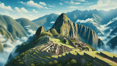 Machu Picchu in the clouds, Peru. 3d rendering