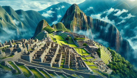 Machu Picchu ruins in Peru, South America. 3D renderingの写真素材