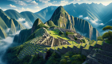 Machu Picchu Inca ruins in Peru. 3D rendering