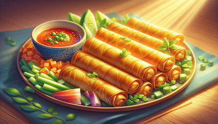 Spring rolls with vegetables and sauce on a wooden background. Toned.