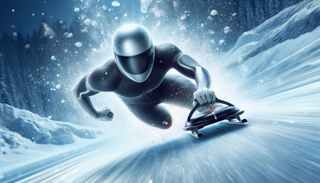 Cyborg running fast on snow mountain road. This is a 3d render illustration