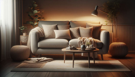 interior with sofa and coffee table. 3d rendered illustration.