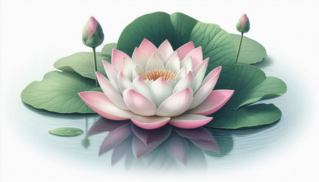 Lotus flower on the white background with water reflection. Vector illustration.の写真素材
