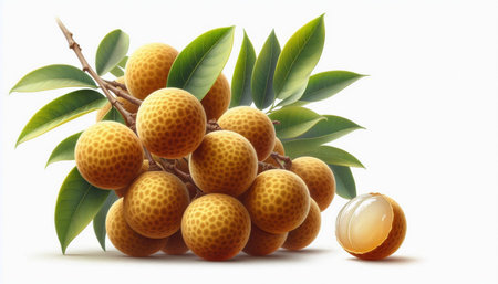 Fresh longan fruit with leaves isolated on white background. Vector illustration.の写真素材