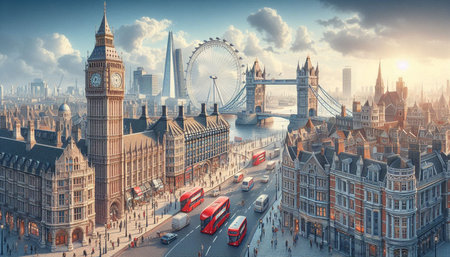 London city skyline with Big Ben, Westminster Bridge and London Eye.