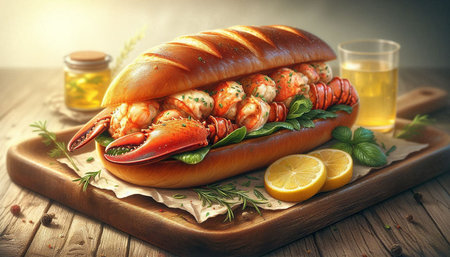 Delicious lobster sandwich with lemon and herbs on wooden board, closeupの写真素材