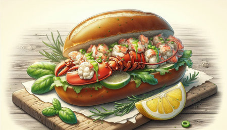 Lobster sandwich with herbs and lemon on a wooden background.の写真素材