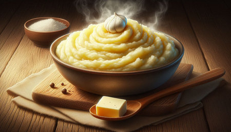Mashed potatoes in a bowl on a wooden table. Healthy food.