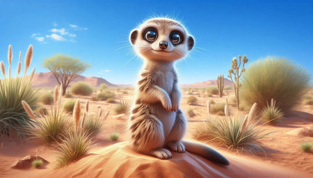 Meerkat in the desert. 3D rendering. Computer digital drawing.の写真素材
