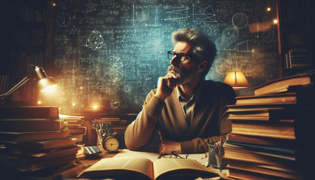 Portrait of a senior man in glasses reading a book while sitting at his desk in the library.
