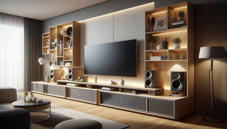 3d render of modern living room with tv and bookshelfの写真素材