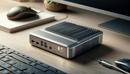 External hard drive on the table with computer and mouse. 3d rendering.