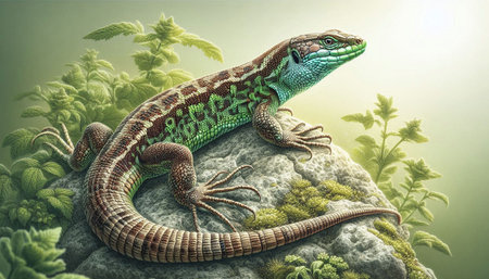 Lizard on the rock in the jungle. 3D illustration.