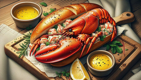 Lobster with lemon, herbs and sauce on a wooden boardの写真素材