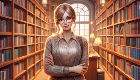 Portrait of a beautiful young woman in glasses standing in a library.