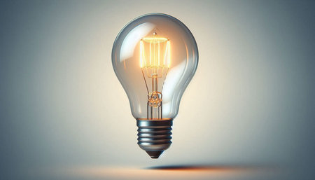 An illuminated light bulb on a gray background. 3D Rendering