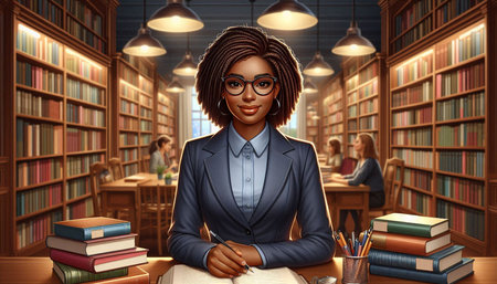 Portrait of a young African American businesswoman sitting in a library