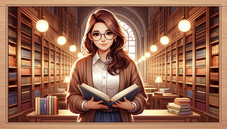 Portrait of a beautiful young woman in glasses reading a book in the library