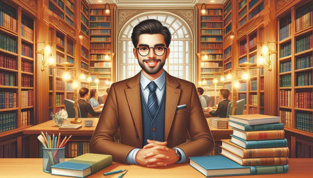 Portrait of a young handsome man in glasses sitting at a table in a library.