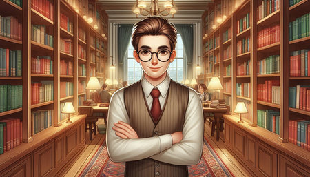 Handsome man in a library with bookshelves and books