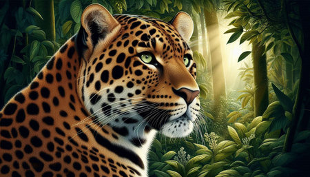 Leopard in the jungle. Digital painting of a wild animal.の写真素材