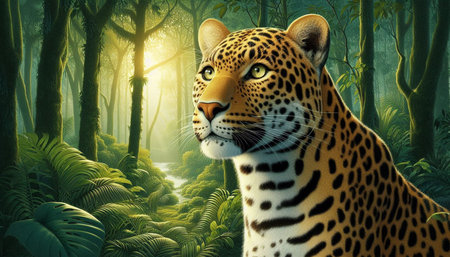Leopard in the jungle. 3D rendering. Fantasy forest.の写真素材