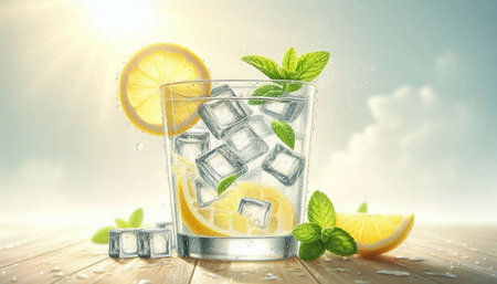 Glass of fresh lemonade with ice cubes and mint leaves on wooden table