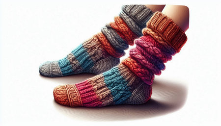 Pair of colorful knitted socks isolated on a white background.の写真素材