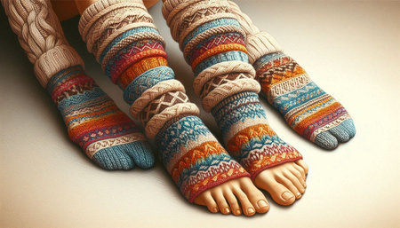 Feet in colorful knitted socks on white background, closeupの写真素材