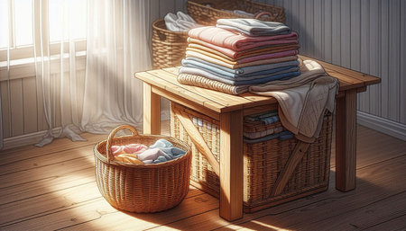 Laundry room interior with basket of towels. 3D renderingの写真素材