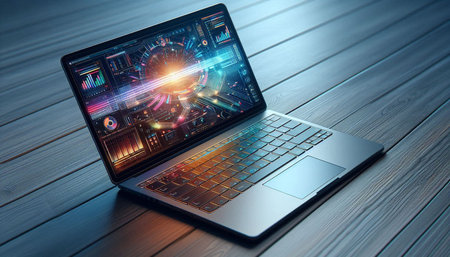 Laptop with HUD interface on screen. 3d rendering and illustration