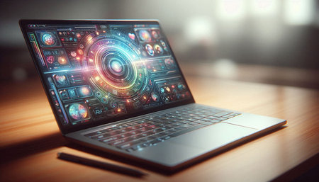 Laptop with digital user interface on screen. 3D Renderingの写真素材