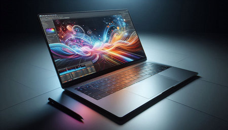 Laptop with abstract technology background. 3d rendering. Computer generated image.