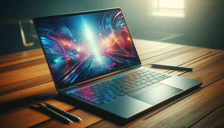 Laptop on wooden table with glowing lights. 3D Rendering
