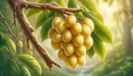 Bunch of ripe yellow star gooseberries on a tree branch.